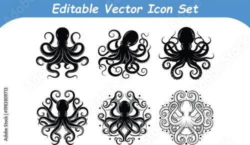 Octopus silhouette icon set marine life graphics sea creature silhouette cephalopod underwater tentacle