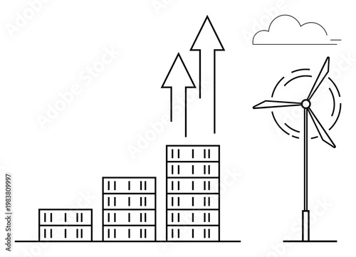 Sustainable energy, economic development, renewable resources, clean energy, environmental progress, eco-technology. Bar chart with upward arrows near wind turbine. Economic growth and sustainable