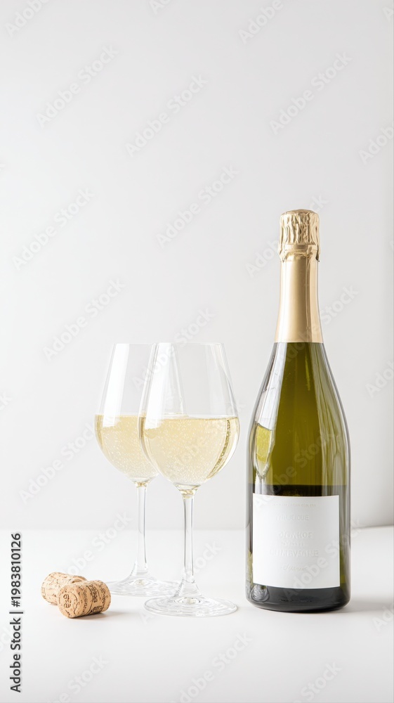 Fototapeta premium Elegant Celebration Scene with Bottle of Bubbly and Two Wine Glasses on White Background