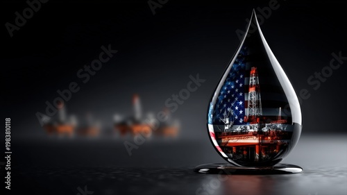 Refinery Rig and American Flag Reflected in Oil Drop on Dark Background with Blurred Rigs