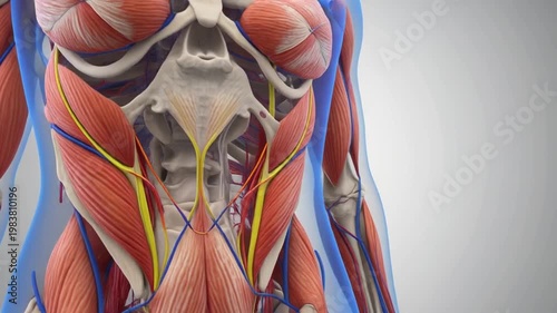 Human torso anatomy with muscular, skeletal and circulatory system