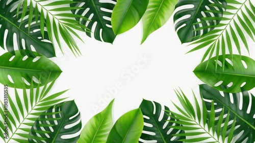 Tropical green leaves frame white background