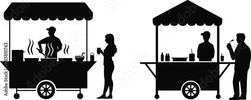 Street food vendor carts with customers eating and cooking silhouette