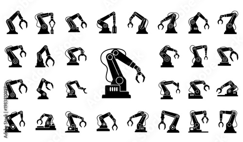 Robot arm silhouette collection automation industrial manipulator icons vector isolated on white