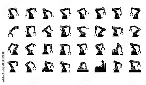 Robotic arm icon set industrial robot manipulator silhouette automation vector isolated on white background