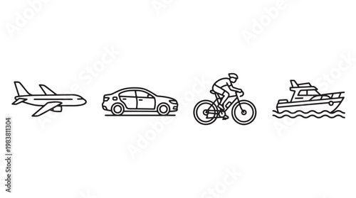 Transportation icons, vehicle symbols, travel signs, outline style