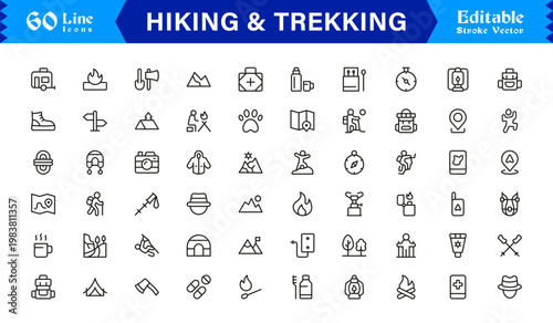 Fotografía Hiking And Trekking Line Icon Set – Professional, Minimal, and Modern Vector Col