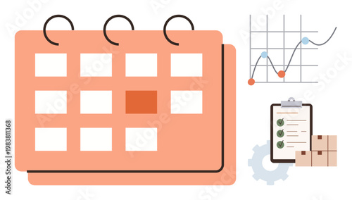 Time management, project planning, business organization, task scheduling, productivity tracking, logistics planning. A calendar, line chart checklist boxes and gear. Time management and project