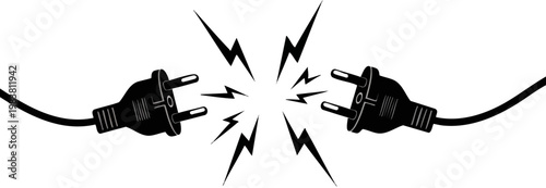Electric plug connection with lightning sparks. Power cable disconnect concept vector. Black and white electrical short circuit illustration.