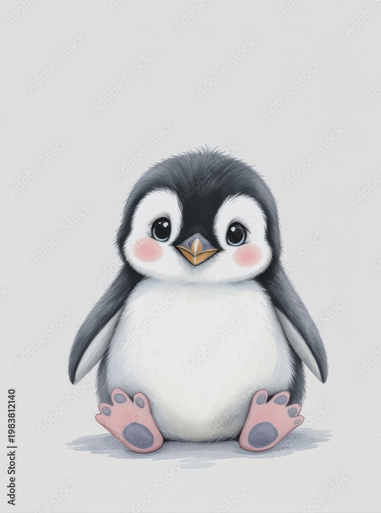 Fototapeta premium A cute baby penguin with rosy cheeks sits against a plain background.
