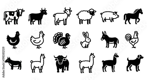 Collection of Farm Animal Silhouettes and Icons.