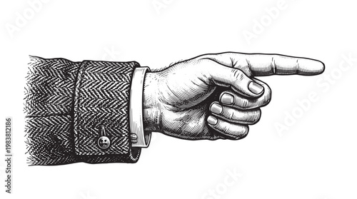 Pointing Hand Illustration, Black And White Vector Graphic, Business Hand Gesture, Directional Sign