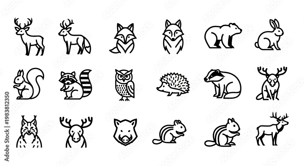 Obraz premium Collection of Stylized Forest Animal Icons in Black and White.