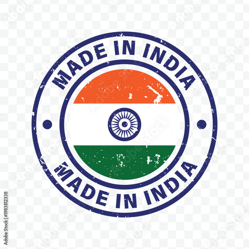 circular grunge made in india stamp seal with tricolor flag for vintage product origin marking