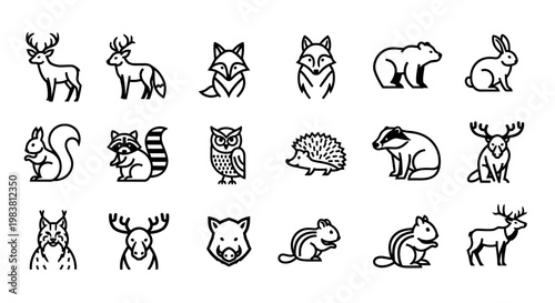 Collection of Stylized Forest Animal Icons in Black and White.