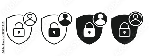 Protected Account Icon with Person, Shield and Padlock Symbol. Vector Illustration