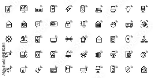 Smart home icon set. Vector illustration of IoT devices and controls including switch, camera, lock, thermostat, speaker, appliances, security and automation symbols. Editable stroke.