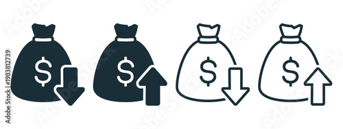 Moneybag Up Down Arrow Icon. Financial Growth and Loss. Vector Illustration