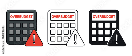 Financial Warning Icon with Calculator and Exclamation Mark. Overbudget Symbol. Vector Illustration