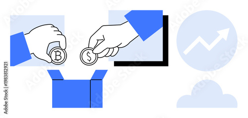 Cryptocurrency, investments, financial growth, online payments, savings, digital transactions. Hands exchanging Bitcoin and dollar coins over a box. Cryptocurrency and financial growth concept