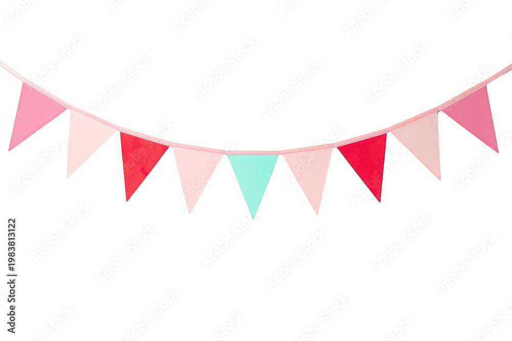 Obraz premium Party bunting banner with pink, red, and mint pastel flags decorating for a birthday celebration