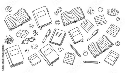Hand drawn doodle book and stationery elements cute reading notebook outline vector set black and white