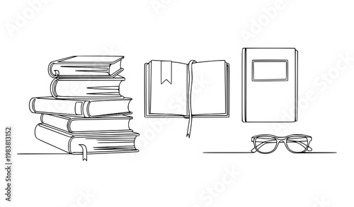 Continuous line book and reading icons minimalist notebook stationery vector illustration black and white