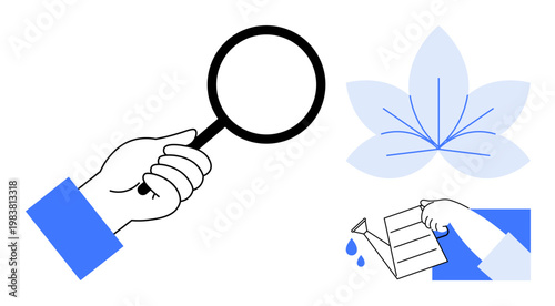 Research, gardening, growth, exploration, mindfulness, environmental concepts. A hand holds a magnifying glass, a hand waters and a blue flower is seen. Research and gardening symbolism displayed