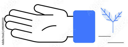 Generosity, sustainability, offering, support, growth, minimalism. Open hand outlined with a blue cuff and a minimalist leaf symbol. Generosity and sustainability concept clearly