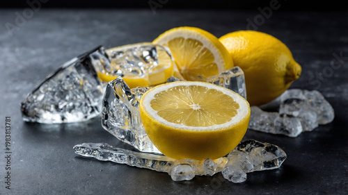 lemon slice and ice cube on black background