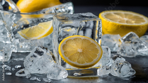 lemon slice and ice cube on black background