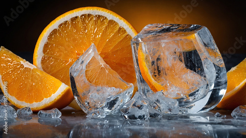 orange slice and ice cube on black background