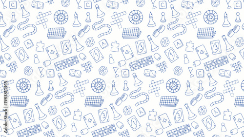 seamless white board games pattern background featuring blue line art doodles of gaming icons