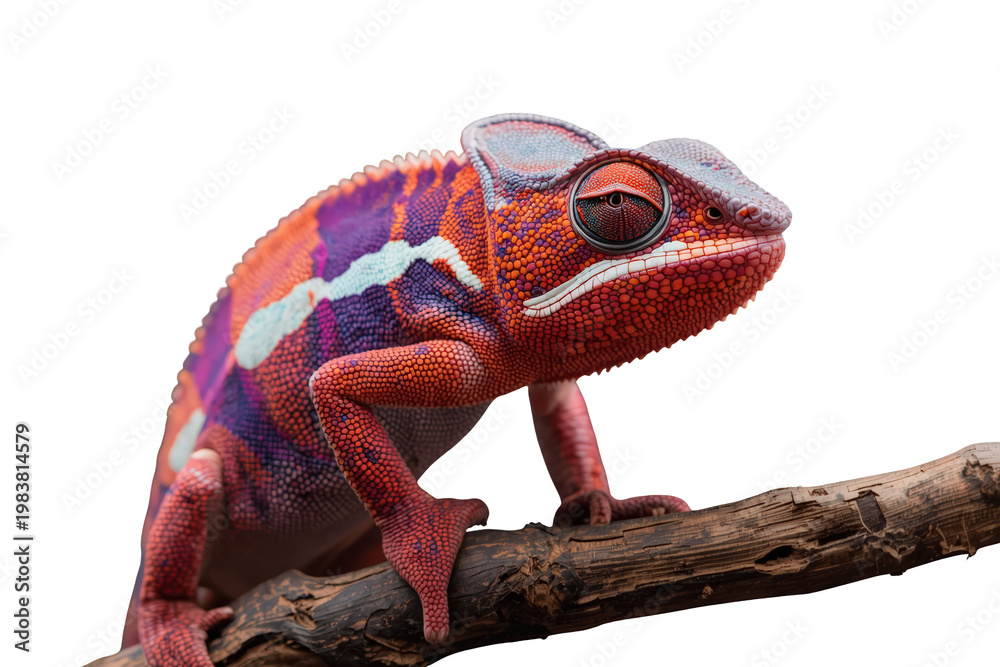 Fototapeta premium Vibrant chameleon with colorful scales sitting on a natural branch, transparent background