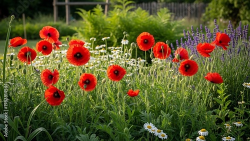 Vibrant red poppies blooming in a lush green garden.