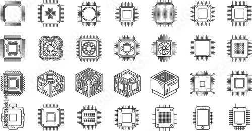 Microchip processor icons set with CPU technology semiconductor hardware circuit board digital electronics line vector illustration