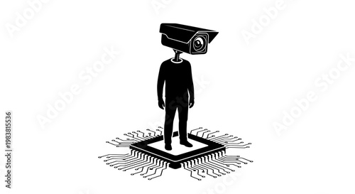 A person with a security camera for a head standing on a microchip.