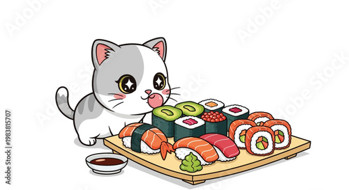 Cute cartoon cat enjoying a delicious platter of sushi and sashimi with soy sauce