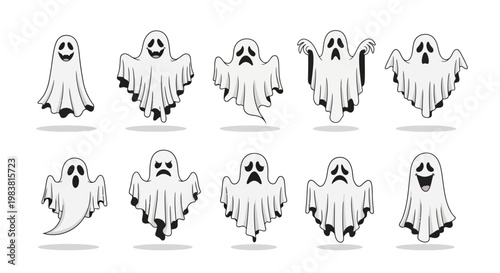 A delightful assortment of friendly and mischievous cartoon ghost characters, each displaying unique expressions and playful gestures, perfect for Halloween decorations and eerie designs