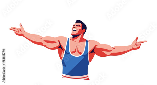 Muscular athlete in wrestling singlet celebrating victory with arms outstretched and pointing fingers, symbolizing triumph and success