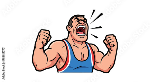 Vivid illustration of a fierce wrestler unleashing a powerful shout, embodying peak determination and raw, unbridled competitive spirit with intense emotion and strength