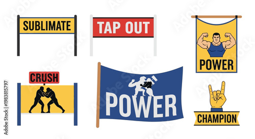 Collection of banners and signs related to wrestling and combat sports, featuring powerful imagery and championship themes