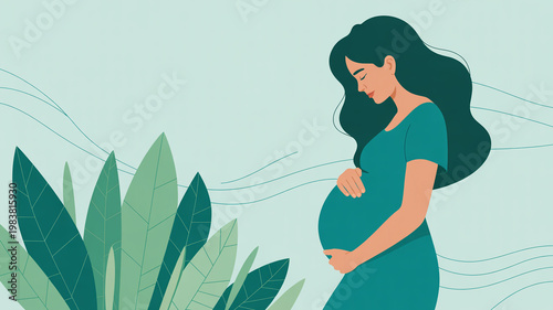 Minimalist vector illustration of a beautiful pregnant lady silhouette adorned with floral art elements to celebrate the love of motherhood and pregnancy health