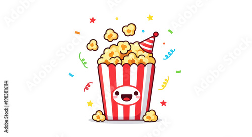 Cute Popcorn Character Celebrating with Confetti and Party Hat