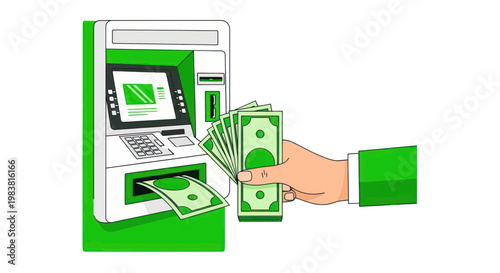 Hand taking cash from ATM machine, money withdrawal concept, illustration