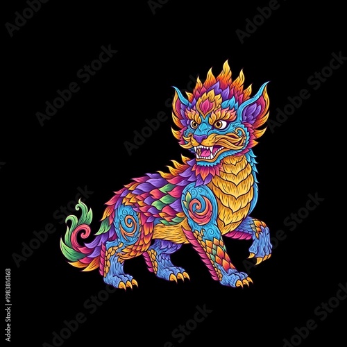 Vibrant, colorful dragon illustration, mythical creature, fantasy art, decorative design