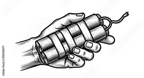 Hand Holding Dynamite Sticks with Fuse - Vintage Illustration
