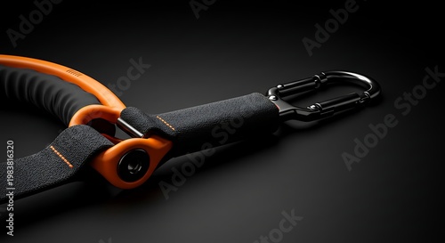 Close-up of Orange and Black Resistance Band with Carabiner on Black Background