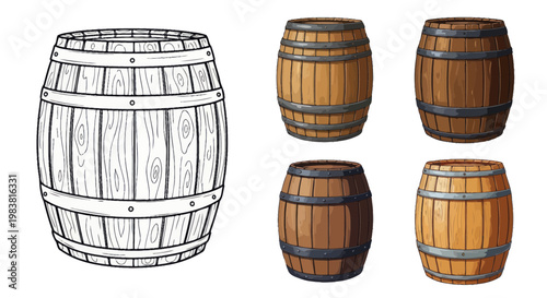 Wooden Barrels Collection: Hand-Drawn Sketch and Realistic Illustrations