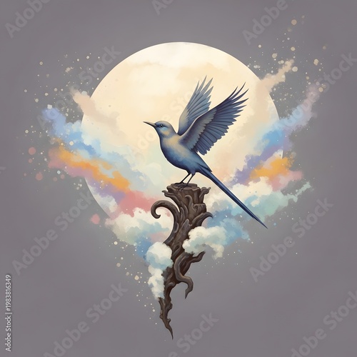 Whimsical blue bird, fantasy illustration, moonlit scene, dreamy clouds
